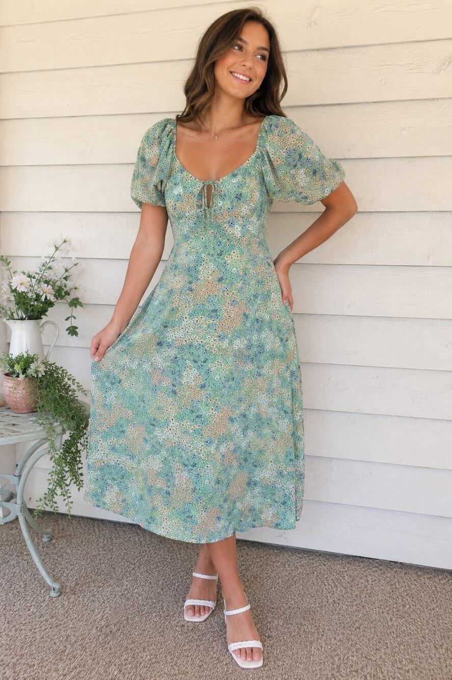 Anthropologie &merci Green Floral Puff Sleeve Midi Dress Cottagecore Size L